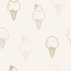 Linear illustration of ice cream seamless pattern.  Ice cream in a waffle.