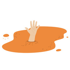 Human hand in quicksand vector cartoon illustration isolated on a white background. - obrazy, fototapety, plakaty
