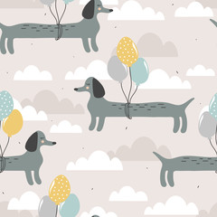 Gelukkige honden, luchtballonnen, met de hand getekende achtergrond. Kleurrijk naadloos patroon met dieren. Decoratief schattig behang, goed om te bedrukken. Overlappende achtergrond vector. Ontwerp illustratie, teckels