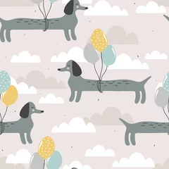 Wallpaper murals Animals with balloon Happy dogs, air balloons, hand drawn backdrop. Colorful seamless pattern with animals. Decorative cute wallpaper, good for printing. Overlapping background vector. Design illustration, dachshunds