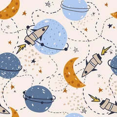 Printed kitchen splashbacks Cosmos Stars, planets, constellations, rockets, seamless pattern vector. Hand drawn backdrop, night sky. Colorful overlapping background, outer space. Decorative wallpaper, good for printing for observatory