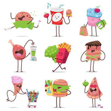 Cute fast food characters on diet vector cartoon set isolated on a white background. Healthy and unhealthy food concept illustration.