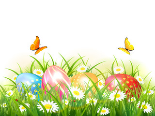 Nature Background with Easter Eggs in Grass