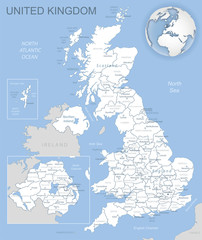 Fototapeta premium Blue-gray detailed map of United Kingdom and administrative divisions and location on the globe. Vector illustration