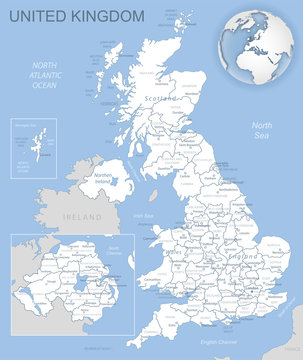 Blue-gray detailed map of United Kingdom and administrative divisions and location on the globe. Vector illustration