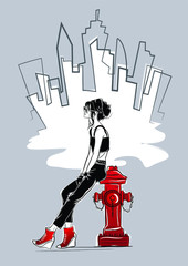 Fashion woman in sketch style on gray background. New York street fashion. © Yevhen