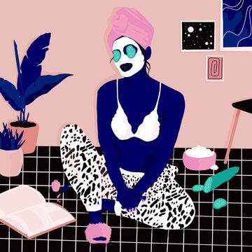 Illustration of woman with facial mask sitting at home