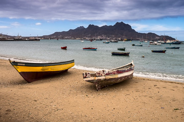 Naklejka na ściany i meble Fishing boats in Mindelo on the Sao Vicente islandin Cape Verde - Republic of Cabo Verde