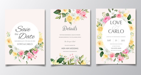 Fototapeta na wymiar Elegant wedding invitation card set template with colorful flower and greenery leaves