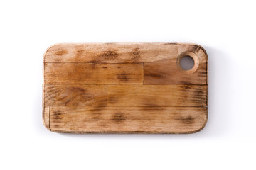 Empty wooden cutting board isolated on white background. Top view