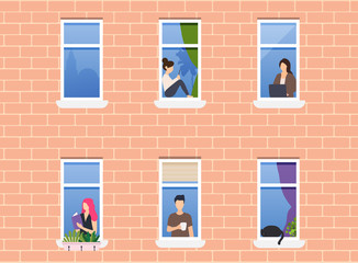 People in window frames. Neighbors people character. Exterior of building with opened windows and people living inside.