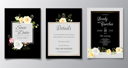 Fototapeta na wymiar Elegant wedding invitation card set template with colorful flower and greenery leaves
