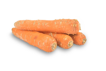 Four rotten carrots stacked on a white background, Clipping path.