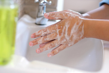 Corona virus prevention, Hygiene to stop spreading coronavirus, Close up of washing hands rubbing with soap, Sanitiser clean hand for Covid-19 protection, Stay safty, Health care for epidemic