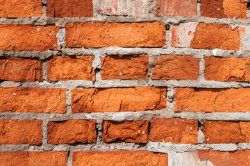Fragment of a wall made of old cracked red brick close up.Creative background,texture.Copy space for text