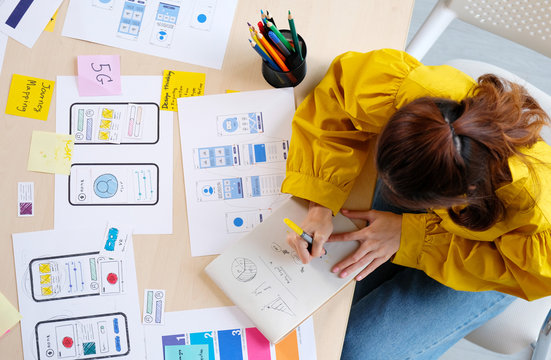 Website designer, Creative planning phone app development sketch template layout framework wireframe design, User experience, Overhead view of young woman UX designer thinking out web structure