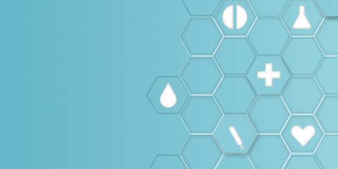 Advertisement of medicine services with creative icons on blue