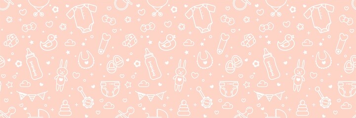 Baby Related Seamless Pattern In Pink Colors. Vector Cartoon Illustration