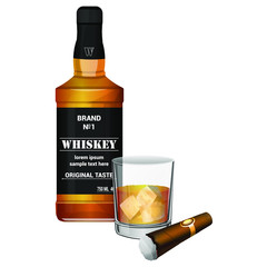 A bottle of whiskey with a cigar