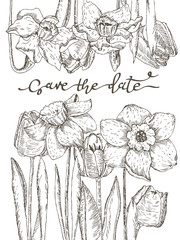 Save the date lettering. Herbal tender decoration with fresh spring flowers.