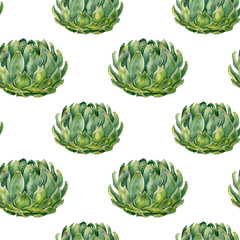 Watercolor illustration pattern with green artichoke