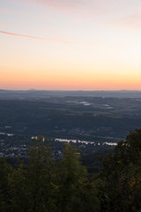 Skyline over the Rhine into a German low mountain range at sunset