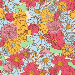 Obraz premium Contemporary hand-drawn floral seamless pattern in vector