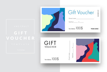 Abstract gift voucher card template. Modern discount coupon or certificate layout with geometric shape pattern. Vector fashion bright background design with information sample text.