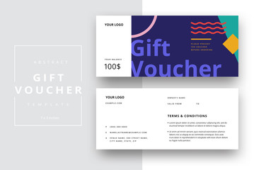 Abstract gift voucher card template. Modern discount coupon or certificate layout with geometric shape pattern. Vector fashion bright background design with information sample text.