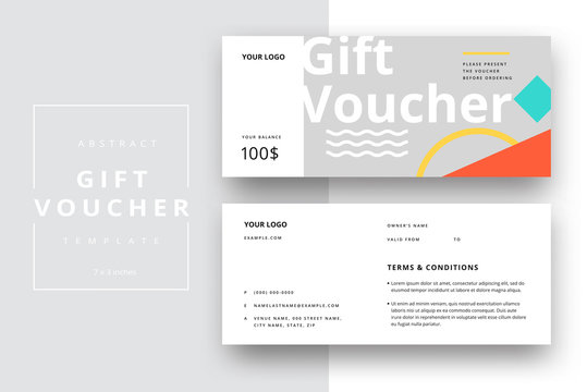 Abstract gift voucher card template. Modern discount coupon or certificate layout with geometric shape pattern. Vector fashion bright background design with information sample text.