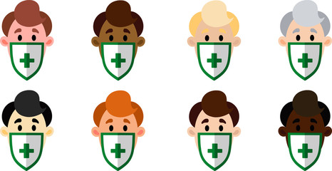 A set of men of different nationalities in medical masks. Vector illustration. People Icon Set