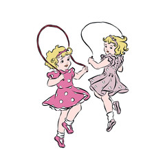 Two girlfriends jump on skipping rope. Blonde girls dressed in pink dresses. Children's games in the open air. Exercise using inventory. 