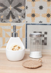 Cleaning in the kitchen with eco-friendly products, without chemicals and harm to health. Jute washcloth and loofah. Soda for washing dishes