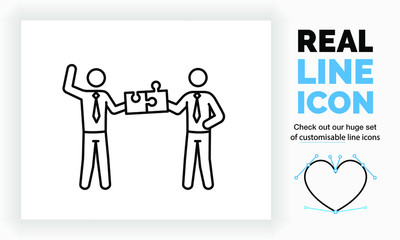 Editable real line icon of two stick figure business man working together with succes finding the fitting puzzle piece to connect them standing in full length body view with customisable black lines