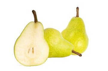 slice and whole ripe yellow pears isolated on white background