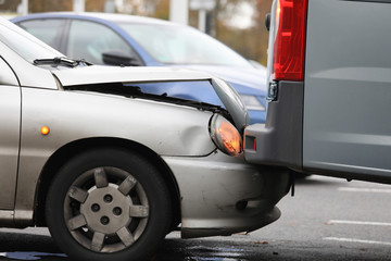 Car broke hood and headlight crashed into truck. Inform your insurance company about occurrence...