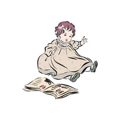 Baby girl dressed in long dress sitting on the floor and next to it is an open book with the alphabet. 