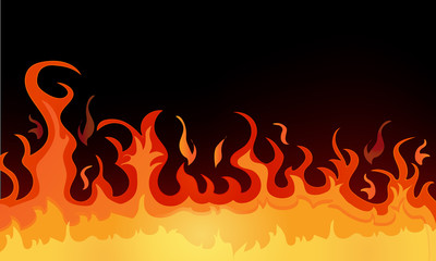 Fire flame realistic borders, horizontal burning bonfire isolated on dark background. vector illustration.