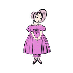Girl dressed in ball gown and hat in vintage style from the nineteenth century. Princess in pink dress. 