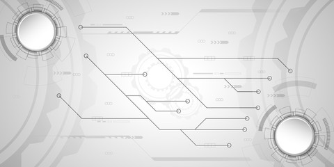 Abstract black and white technology template for presentation with circuit pattern and gear shape.