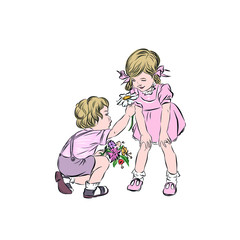 Boy gives girl flower chamomile. Drawing for greeting card for Valentine's Day or International Women's Day. 