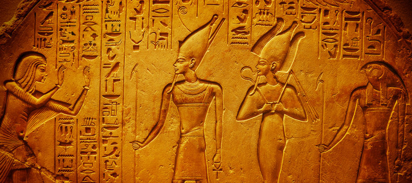 Ancient Egypt hieroglyphics with pharaoh and ankh