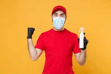 Delivery man employee in red cap t-shirt uniform sterile face mask glove hold bottle sanitizer soap...