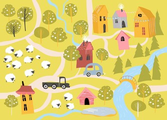 Cute little village with blossom trees in cartoon style