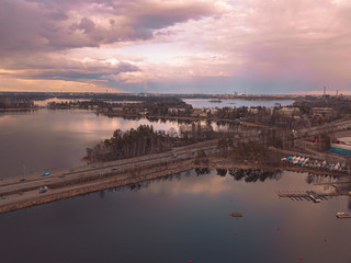 The road between the islands. Helsinki Aerial top down drone shot. 2020 March