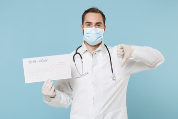 Doctor man in medical gown face mask gloves isolated on blue background. Epidemic pandemic...