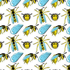 Seamless pattern with wasps on an isolated white background. Abstract cute print with insects. Stock vector illustration.