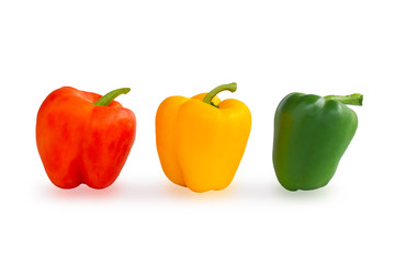 Colorful fresh vegetables three sweet  bell peppers isolated on white background with clipping path 