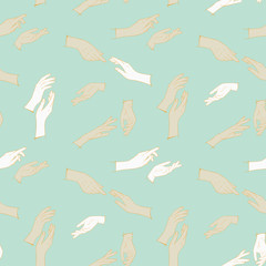 Abstract seamless pattern with female hands.  Delicate, pastel colors, turquoise and beige.