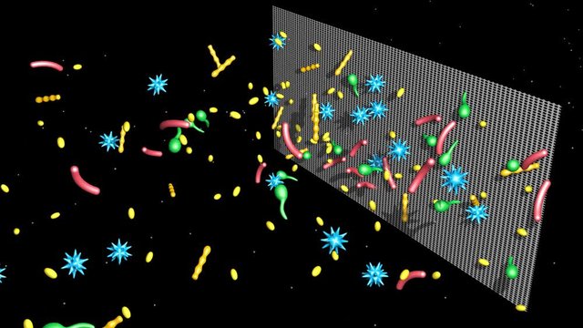 Germs, viruses  , bacteria pathogens captured in filter . 3d animation
